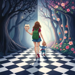An illustrated book cover in a Disney style featuring pastel tones, depicting an enchanted forest split into two distinct sides