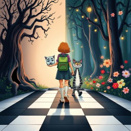 An illustrated book cover in a Disney style featuring pastel tones, depicting an enchanted forest split into two distinct sides