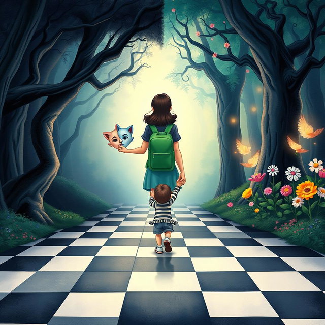 An illustrated book cover in a Disney style featuring pastel tones, depicting an enchanted forest split into two distinct sides