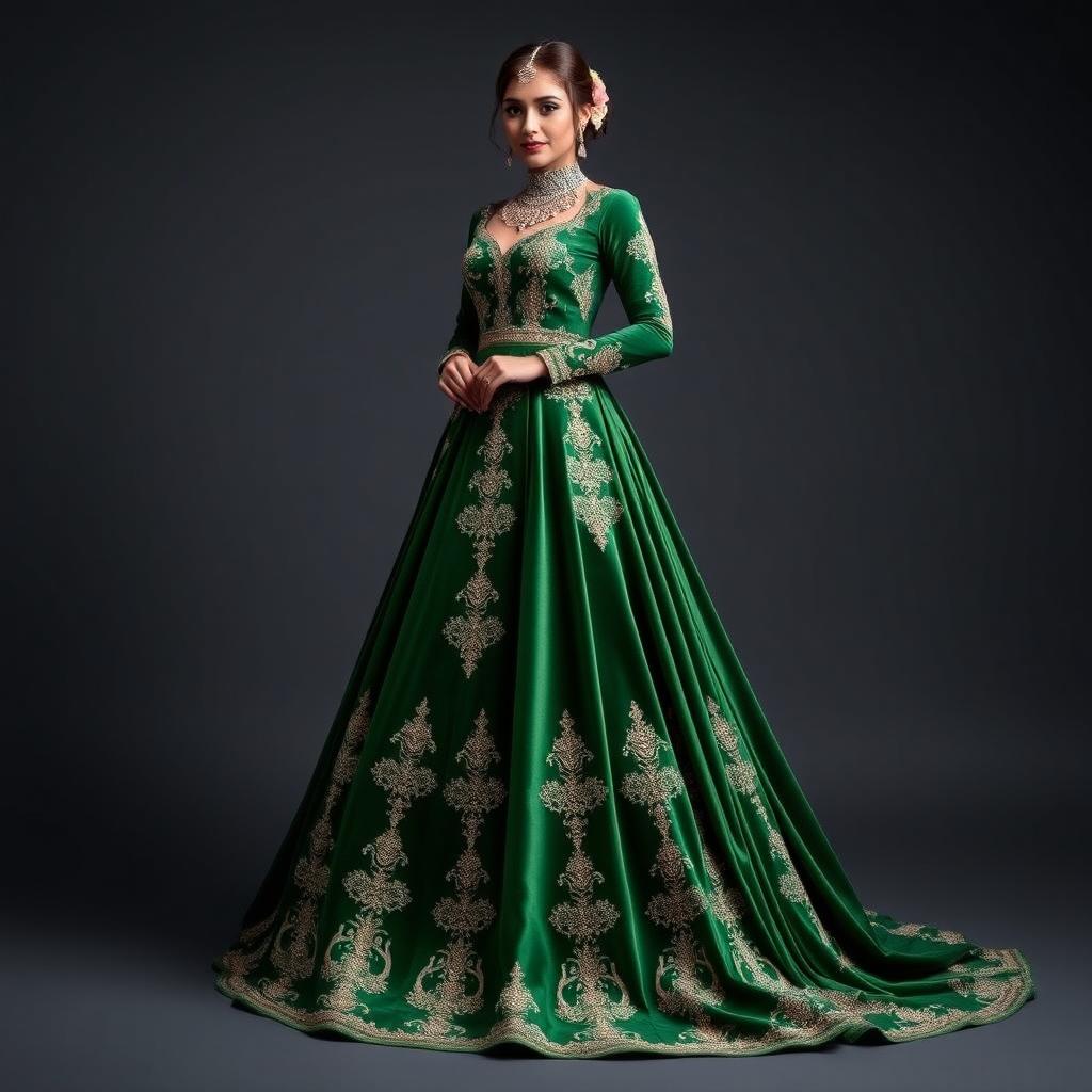 A stunning and elegant green velvet gown designed for an Afghan-style henna ceremony