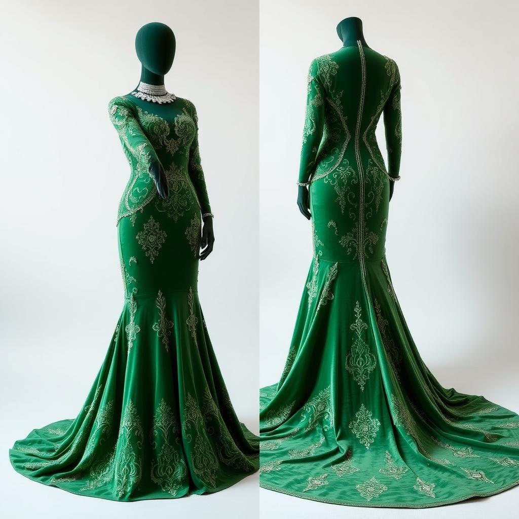 A stunning green velvet dress designed for a traditional Afghan henna ceremony, showcasing intricate beauty