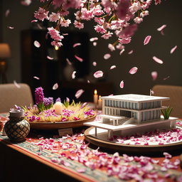 A traditional Nowruz Haft-Seen table beautifully adorned with sabzeh (sprouted wheat) and vibrant hyacinth flowers, creating a celebratory atmosphere