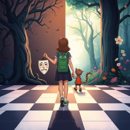 An illustrated book cover in a Disney style featuring pastel tones, depicting an enchanted forest divided into two distinct halves