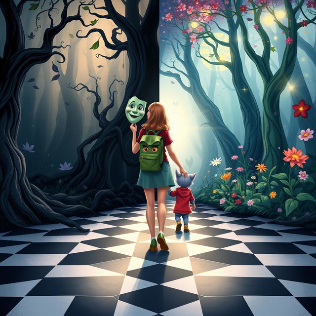 An illustrated book cover in a Disney style featuring pastel tones, depicting an enchanted forest divided into two distinct halves