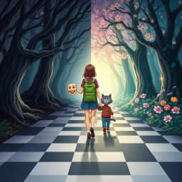 An illustrated book cover in a Disney style featuring pastel tones, depicting an enchanted forest divided into two distinct halves