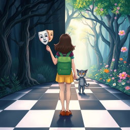 An illustrated book cover in a Disney style featuring pastel tones, depicting an enchanted forest divided into two distinct halves