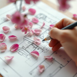 A close-up view of a hand skillfully sketching a detailed building plan on a sheet of paper