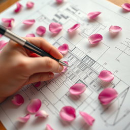 A close-up view of a hand skillfully sketching a detailed building plan on a sheet of paper