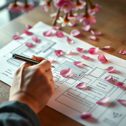 A close-up view of a hand skillfully sketching a detailed building plan on a sheet of paper