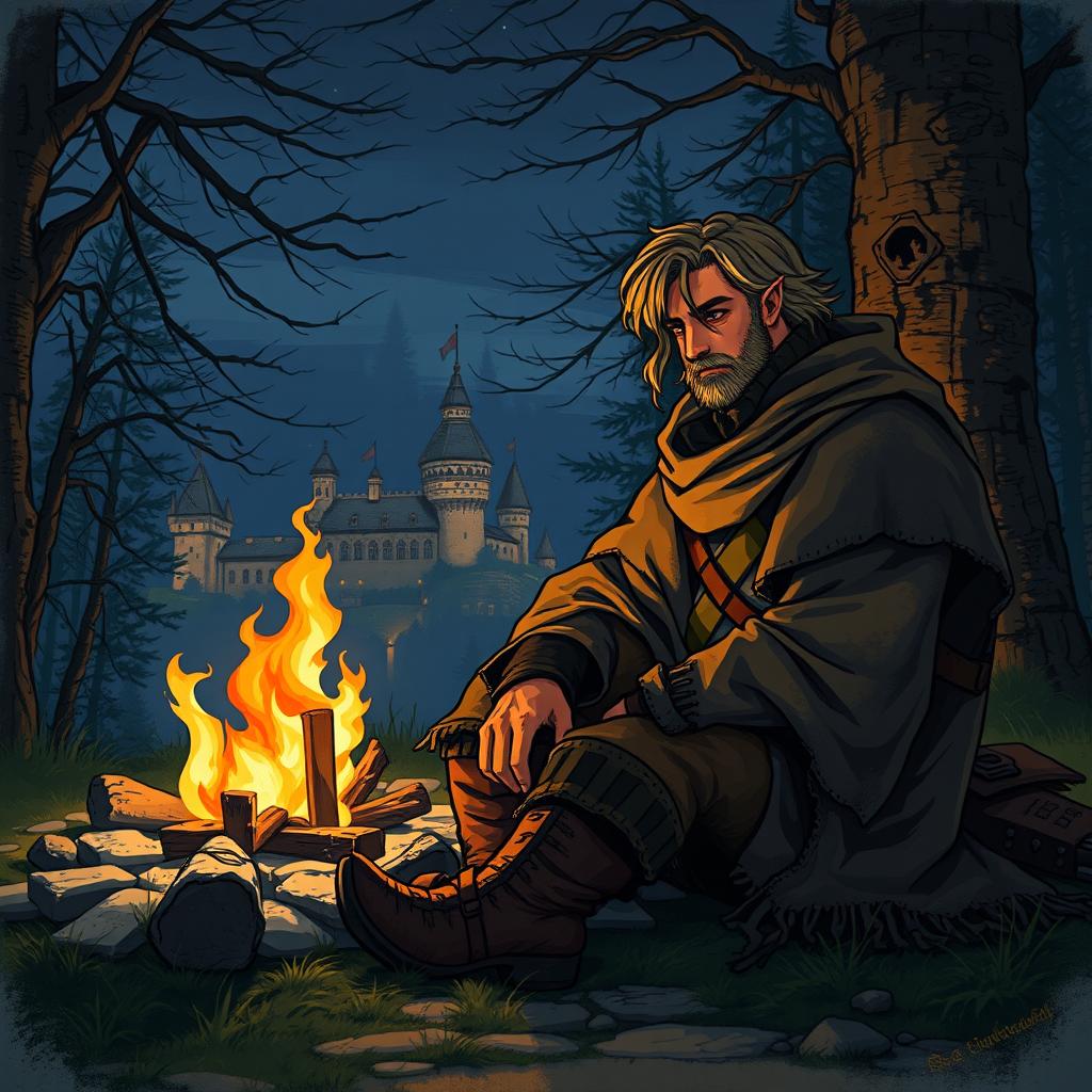 A medieval-style traveler inspired by Zelda, with a rugged appearance, sitting by a warm fire in a tranquil forest at night