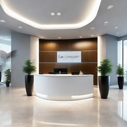 An impressive office reception area incorporating modern design aesthetics with sleek technology elements.