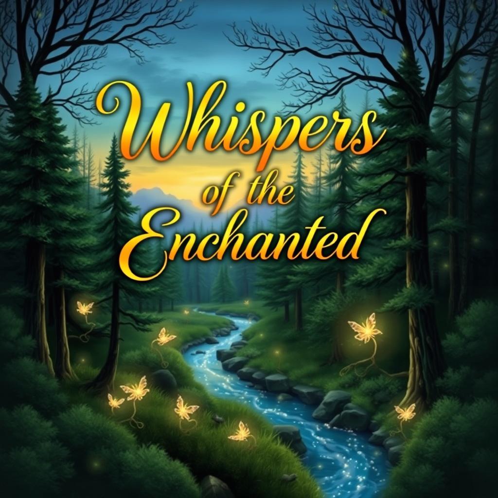 A beautiful and eye-catching book cover design featuring an enchanted forest at dusk, with softly glowing mystical creatures peeking through the trees, and a sparkling river winding through the landscape