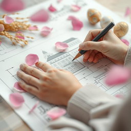 A close-up view of a hand delicately sketching a detailed building plan on a sheet of paper, interwoven with traditional Nowruz elements like sabzeh (sprouted wheat) and decorated eggs visible in the background