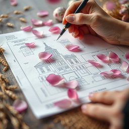 A close-up view of a hand delicately sketching a detailed building plan on a sheet of paper, interwoven with traditional Nowruz elements like sabzeh (sprouted wheat) and decorated eggs visible in the background