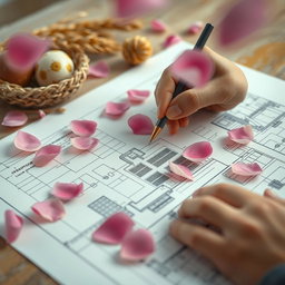 A close-up view of a hand delicately sketching a detailed building plan on a sheet of paper, interwoven with traditional Nowruz elements like sabzeh (sprouted wheat) and decorated eggs visible in the background