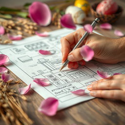 A close-up view of a hand delicately sketching a detailed building plan on a sheet of paper, interwoven with traditional Nowruz elements like sabzeh (sprouted wheat) and decorated eggs visible in the background