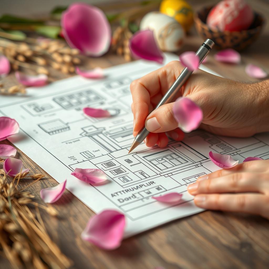 A close-up view of a hand delicately sketching a detailed building plan on a sheet of paper, interwoven with traditional Nowruz elements like sabzeh (sprouted wheat) and decorated eggs visible in the background