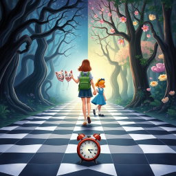 An illustrated book cover in a Disney style featuring pastel tones, depicting an enchanted forest divided into two distinct halves