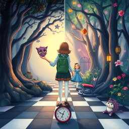 An illustrated book cover in a Disney style featuring pastel tones, depicting an enchanted forest divided into two distinct halves