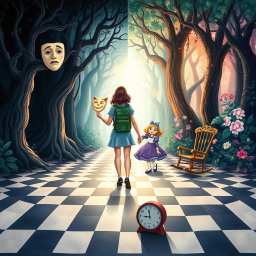 An illustrated book cover in a Disney style featuring pastel tones, depicting an enchanted forest divided into two distinct halves