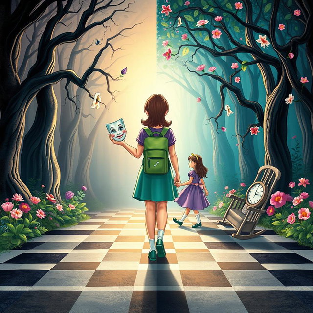 An illustrated book cover in a Disney style featuring pastel tones, depicting an enchanted forest divided into two distinct halves