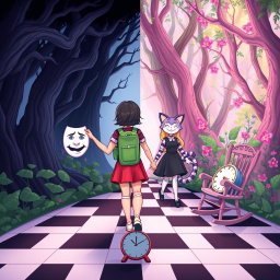 A cartoon-style illustrated book cover featuring pastel colors, depicting an enchanted forest divided into two distinct halves
