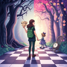 A cartoon-style illustrated book cover featuring pastel colors, depicting an enchanted forest divided into two distinct halves