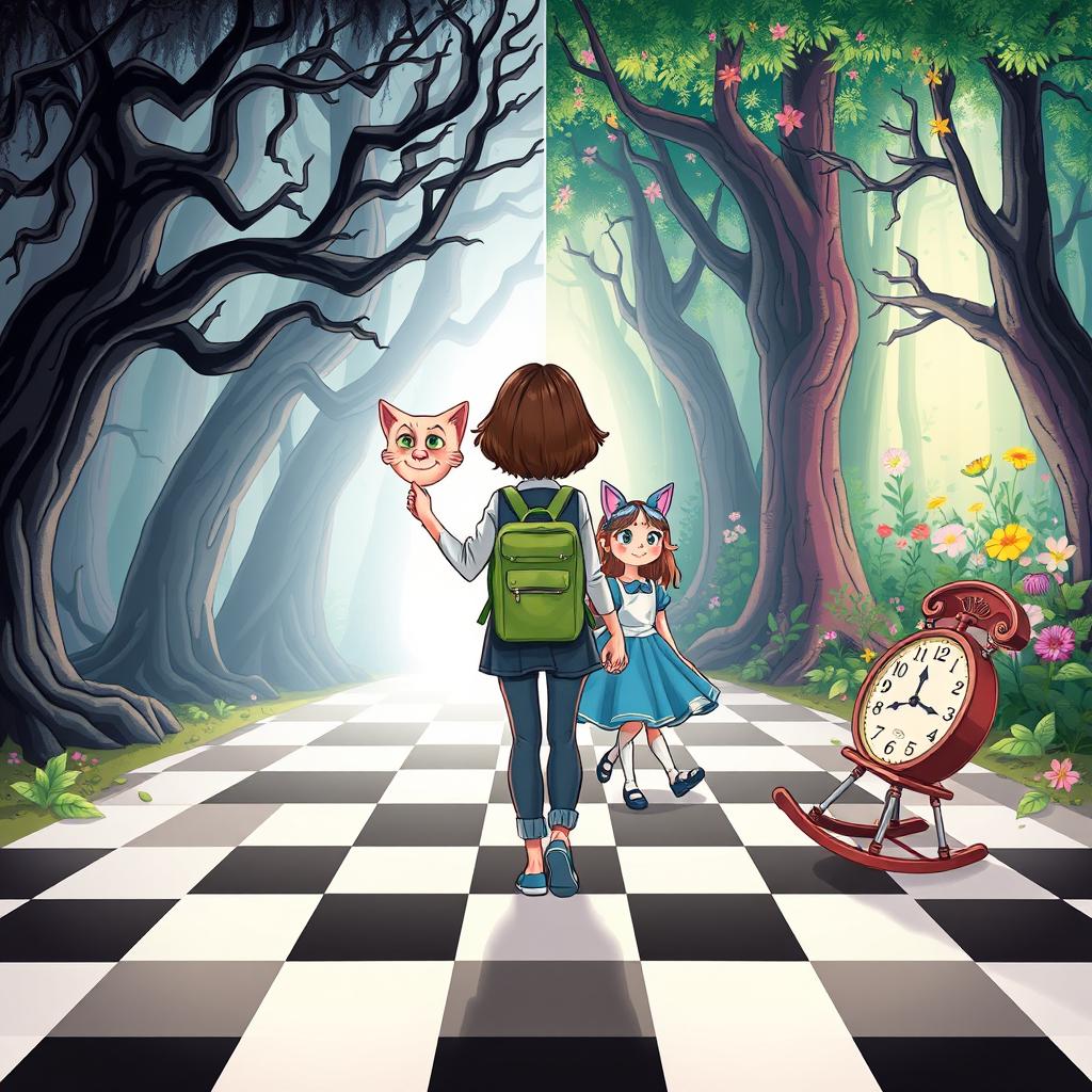 A cartoon-style illustrated book cover featuring pastel colors, depicting an enchanted forest divided into two distinct halves