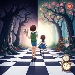 A cartoon-style illustrated book cover featuring pastel colors, depicting an enchanted forest divided into two distinct halves
