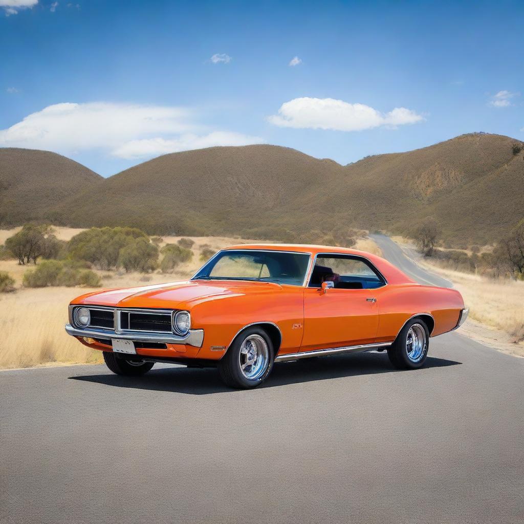 An orange HQ Monaro equipped with a tunnel ram intake system, parked on a wide road with a blue sky in the backdrop