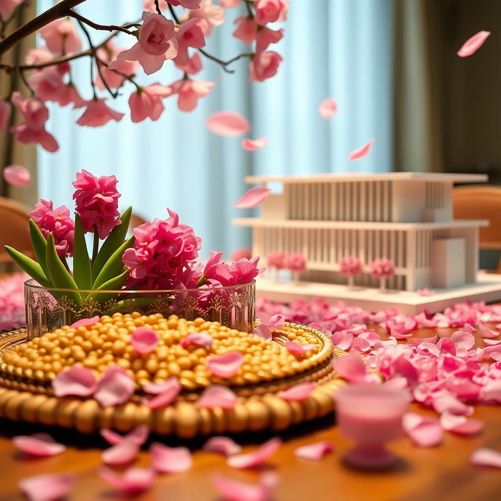 A beautifully arranged traditional Nowruz Haft-Seen table featuring sabzeh (sprouted lentils) and vibrant hyacinth flowers