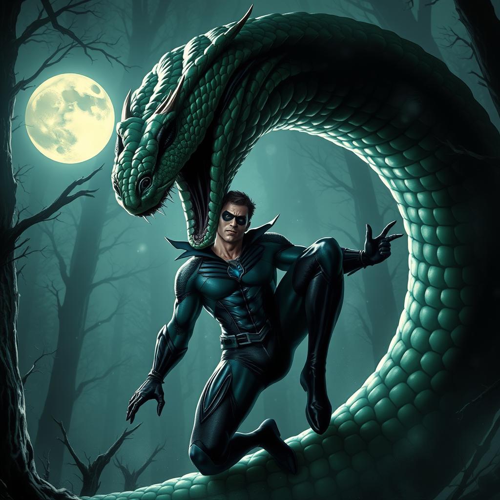 Nightwing, the superhero, portrayed in a dynamic action pose as he is being engulfed by a large, stunningly detailed serpent