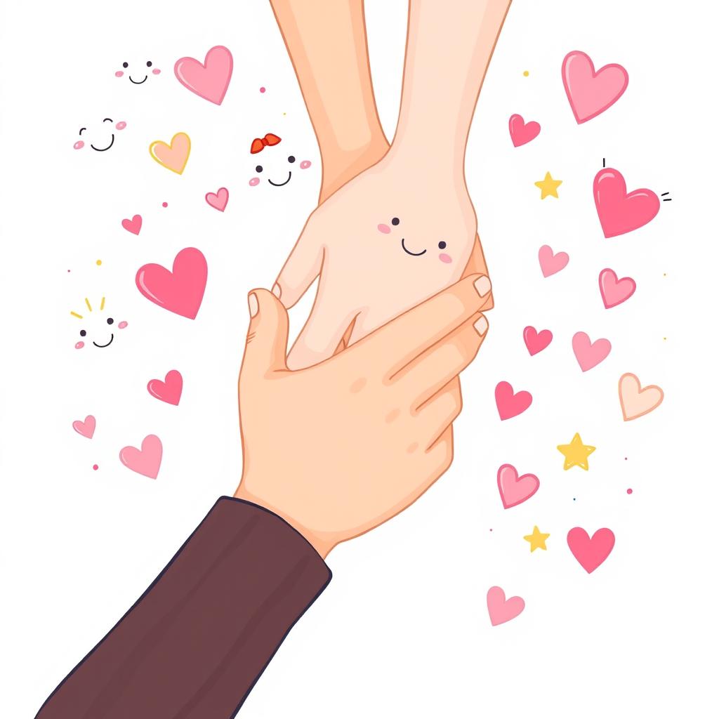 A whimsical and playful illustration featuring two hands intertwined; the hand at the bottom belongs to a boyfriend and the hand at the top belongs to his girlfriend
