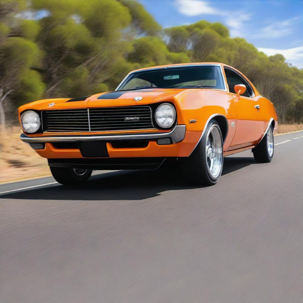 An orange HQ Monaro equipped with a tunnel ram intake system, parked on a wide road with a blue sky in the backdrop