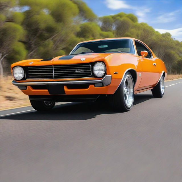 An orange HQ Monaro equipped with a tunnel ram intake system, parked on a wide road with a blue sky in the backdrop