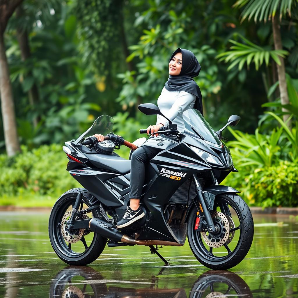 A confident 24-year-old woman sits astride her sleek black Kawasaki Ninja 250 sports motorcycle in a lush tropical setting, surrounded by vibrant green foliage