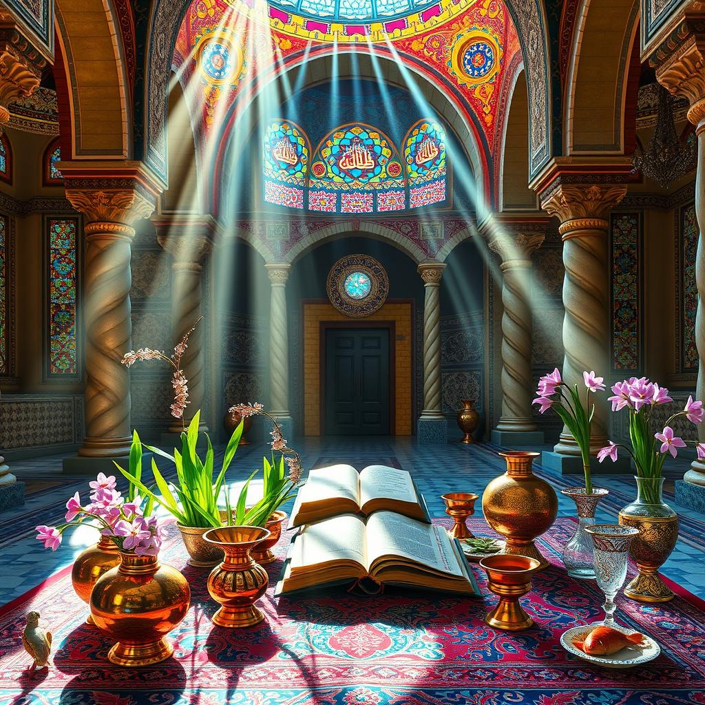An artistic and very realistic scene featuring Nowruz celebrations combined with the stunning architecture of Nasir al-Molk Mosque in Shiraz