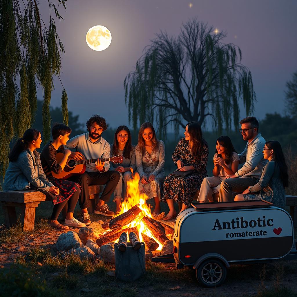 A joyful gathering of Iranian friends and family in nature during twilight, with a bright full moon and twinkling stars in the sky
