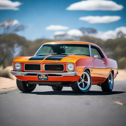 An orange HQ Monaro equipped with a tunnel ram intake system, parked on a wide road with a blue sky in the backdrop