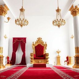 A regal throne room featuring an elaborately designed king's throne set against a pristine white background