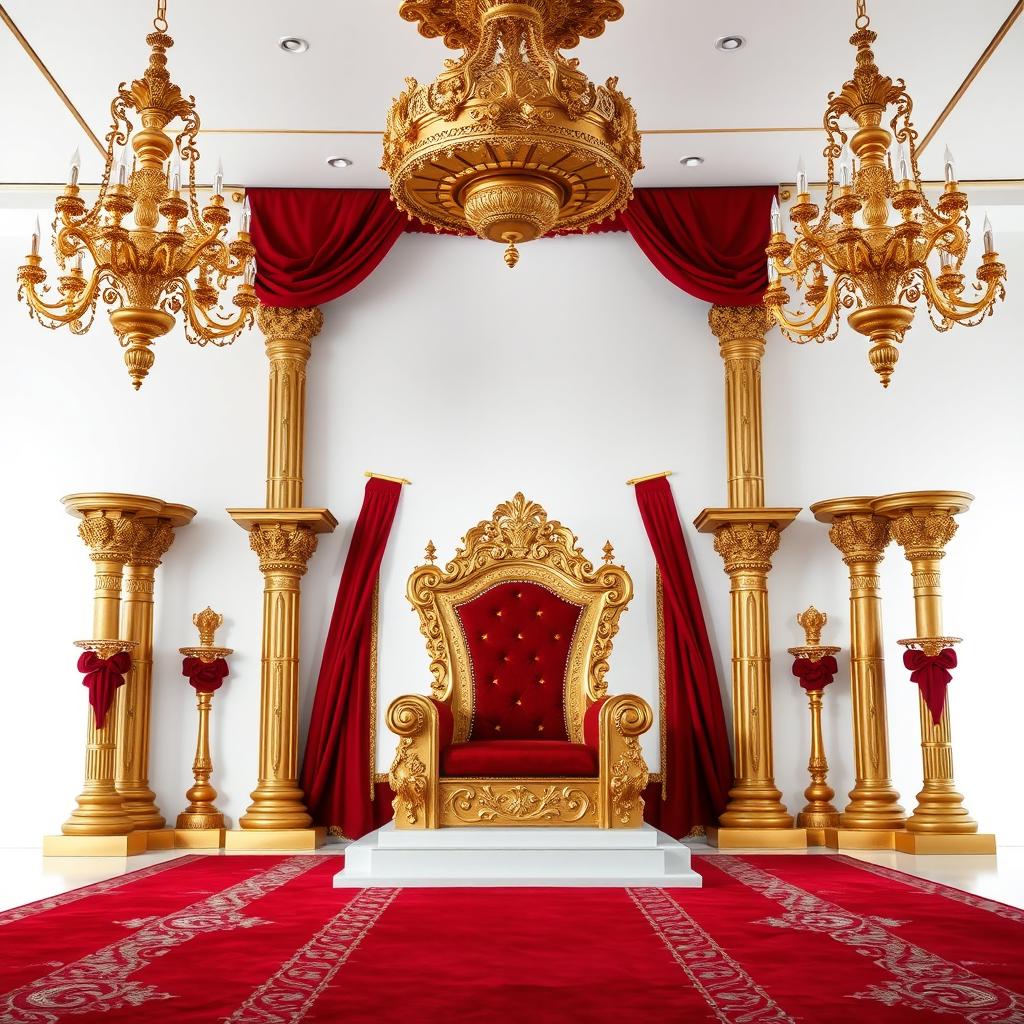 A regal throne room featuring an elaborately designed king's throne set against a pristine white background