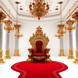 A regal throne room featuring an elaborately designed king's throne set against a pristine white background