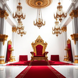 A regal throne room featuring an elaborately designed king's throne set against a pristine white background