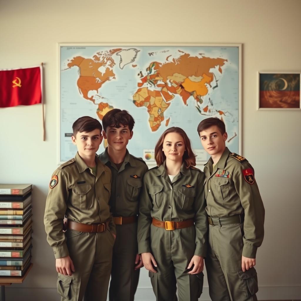 Two young men and two young women, all dressed in military uniforms, standing in front of a world map mounted on a wall