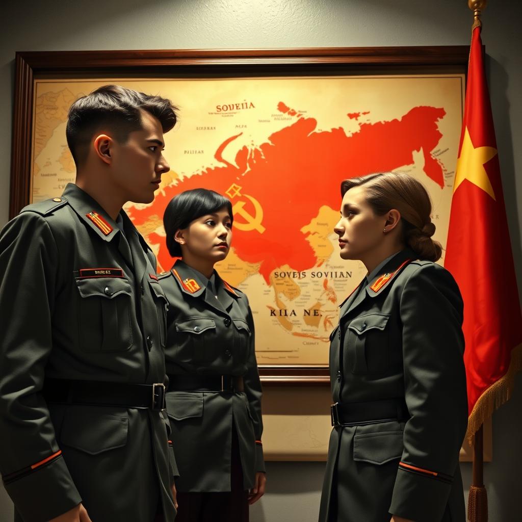 Two young men and two young women in general's military uniforms, standing in front of a Soviet Union map and gazing intently at it