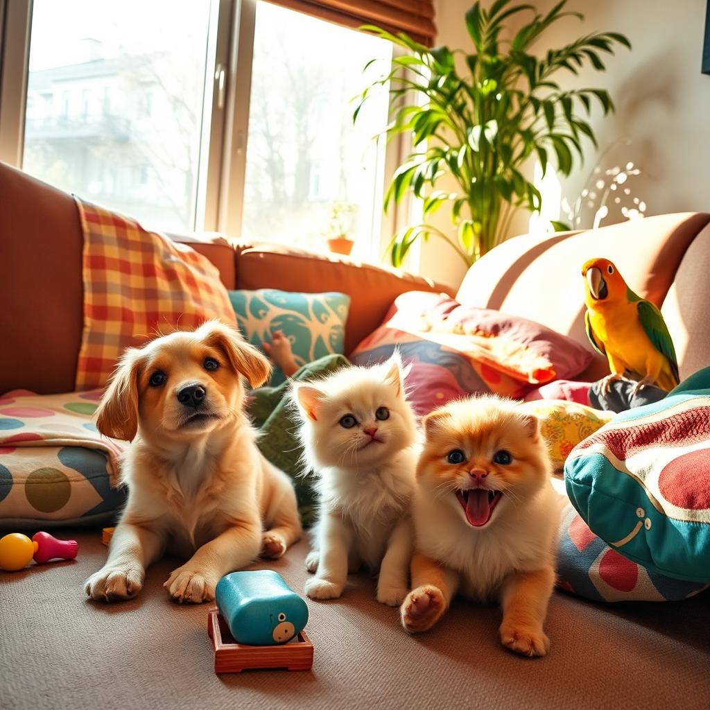 A cozy living room scene featuring various adorable pet animals such as a playful puppy, a fluffy kitten, and a cheerful parrot, basking under warm sunlight streaming through a window