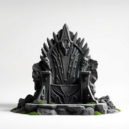 A stunning throne room featuring a king's throne carved from rugged rock, set against a pure white background