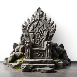 A stunning throne room featuring a king's throne carved from rugged rock, set against a pure white background