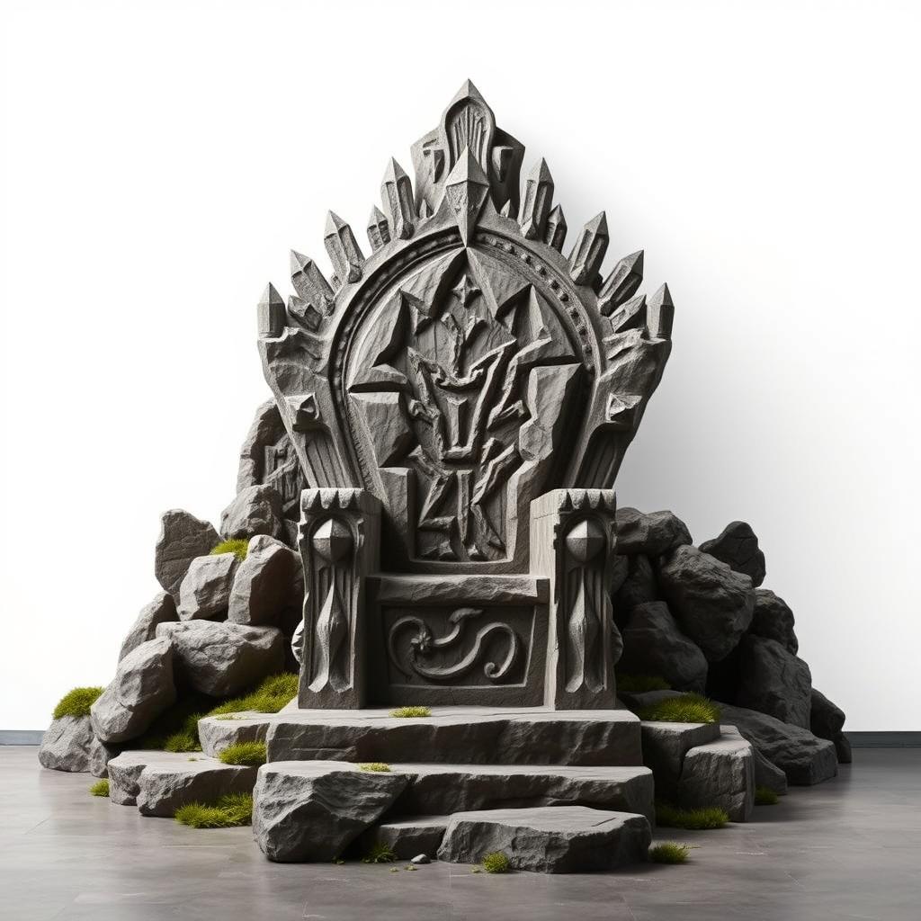 A stunning throne room featuring a king's throne carved from rugged rock, set against a pure white background