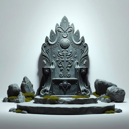 A stunning throne room featuring a king's throne carved from rugged rock, set against a pure white background